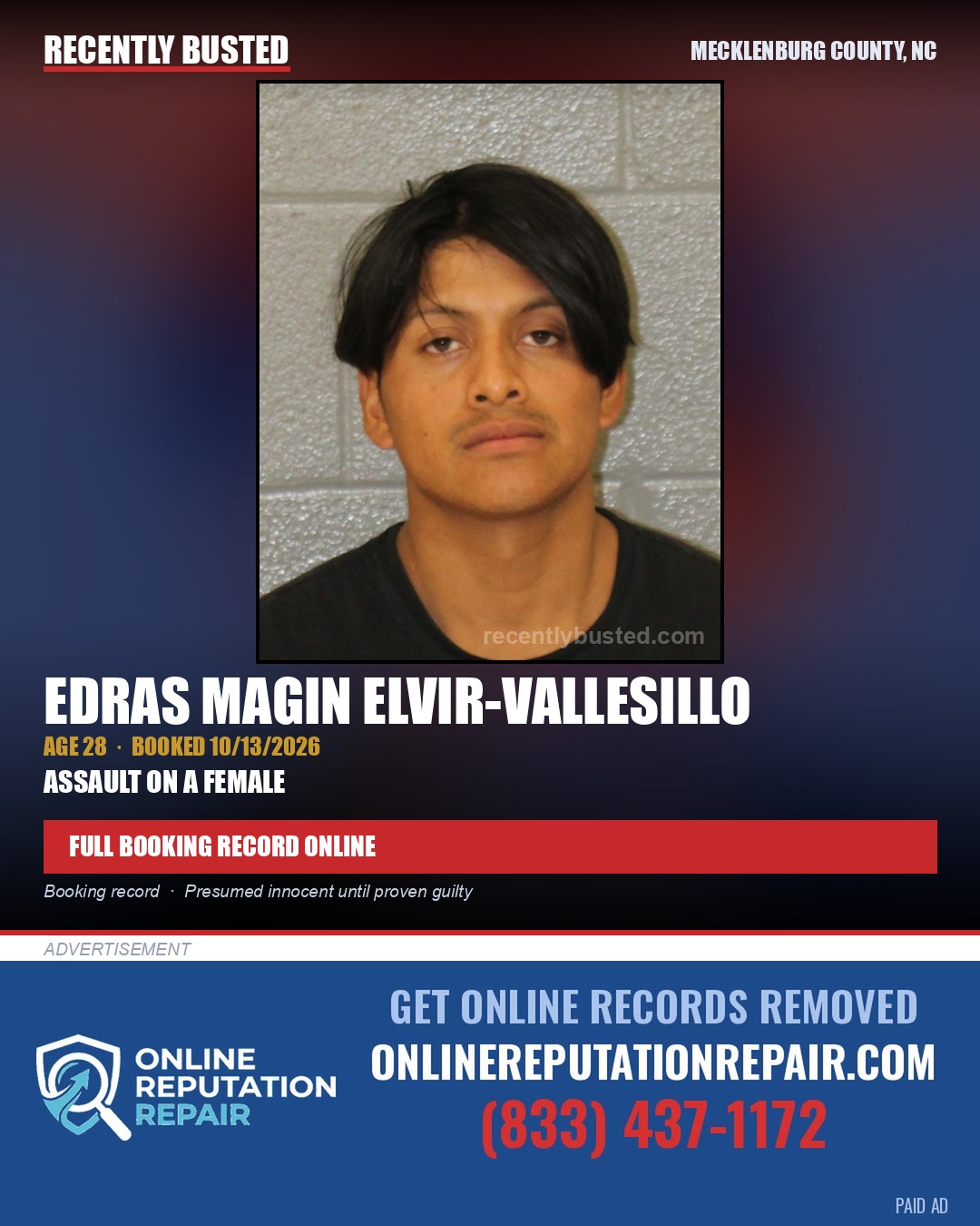 EDRAS MAGIN ELVIR-VALLESILLO — arrest record card, Mecklenburg County, North Carolina