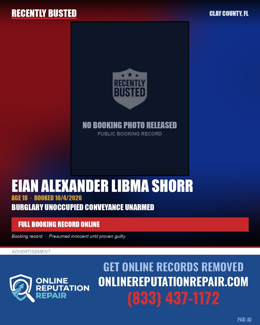 EIAN ALEXANDER LIBMA SHORR — arrest record card, Clay County, Florida