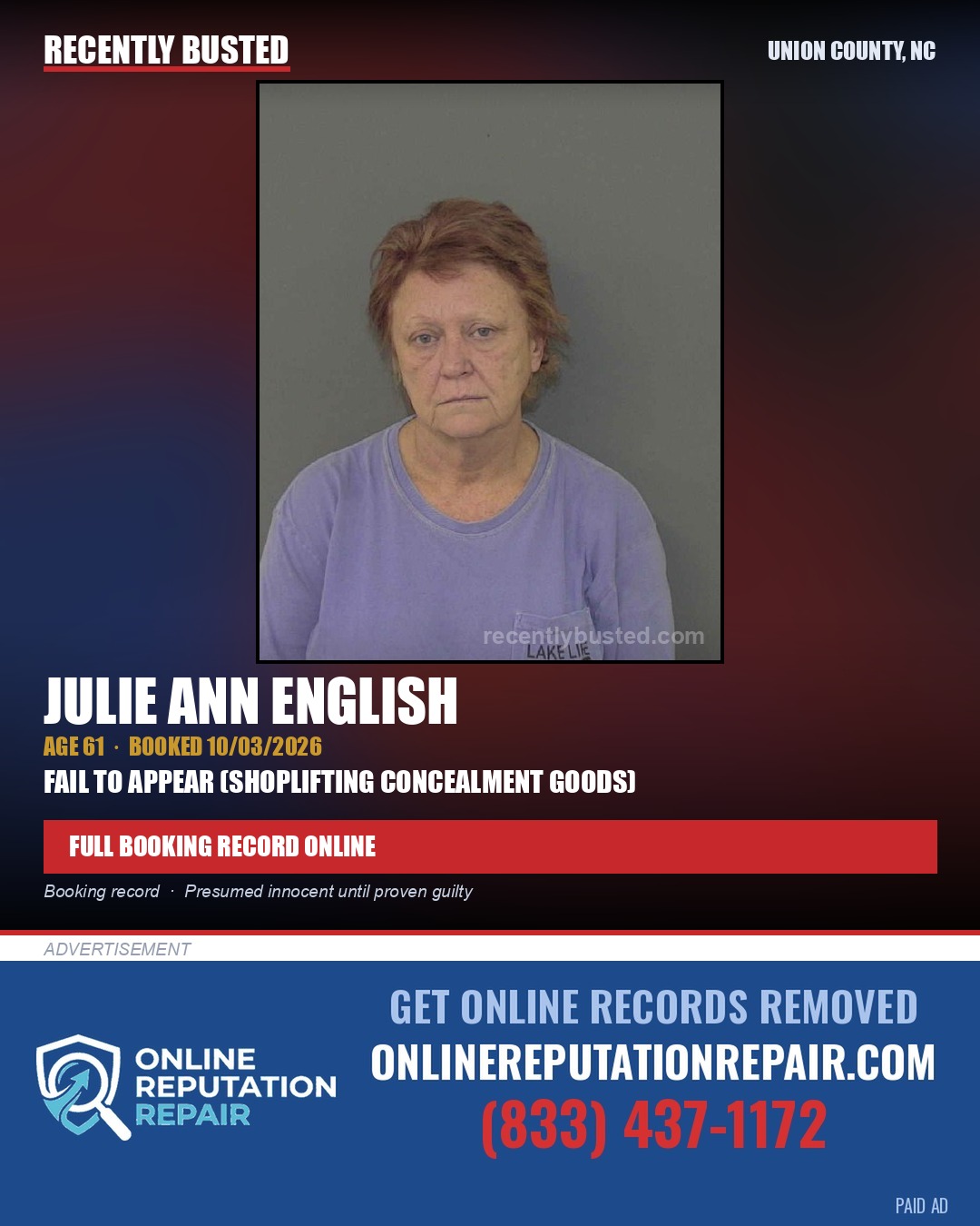 ENGLISH, JULIE ANN — arrest record card, Union County, North Carolina
