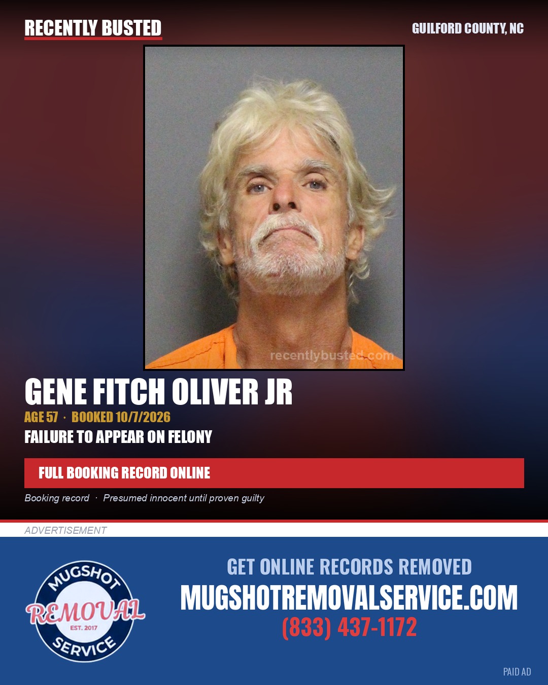 GENE FITCH OLIVER JR — arrest record card, Guilford County, North Carolina