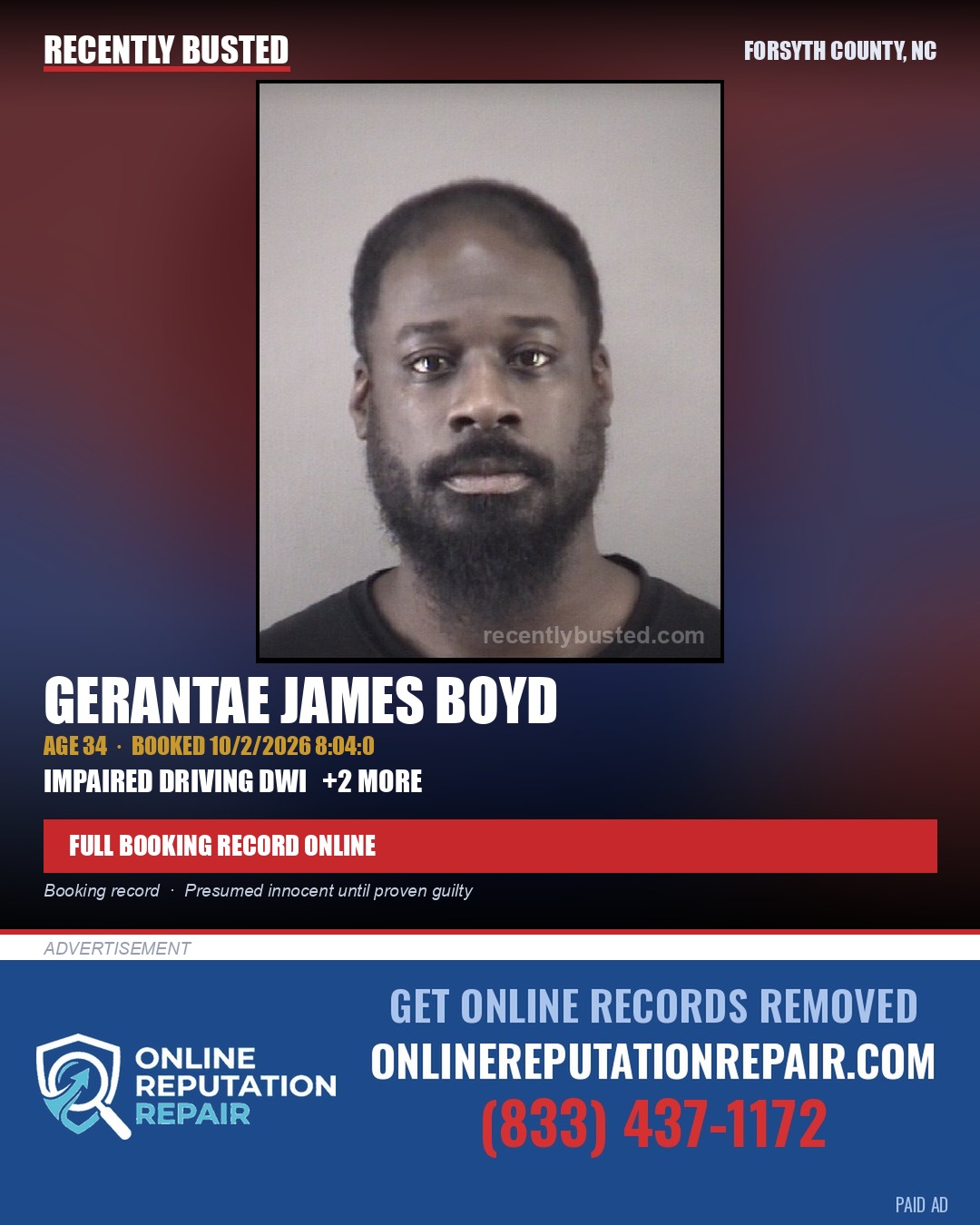 GERANTAE JAMES BOYD — arrest record card, Forsyth County, North Carolina
