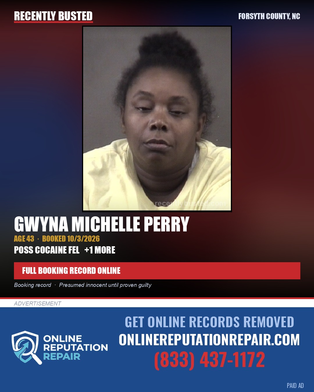 GWYNA MICHELLE PERRY — arrest record card, Forsyth County, North Carolina
