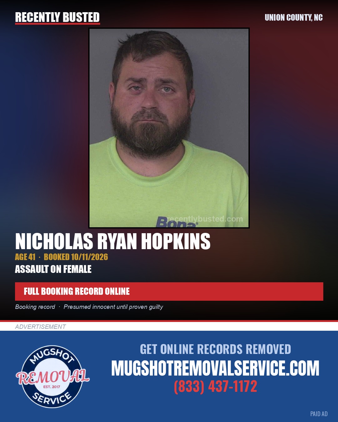 HOPKINS, NICHOLAS RYAN — arrest record card, Union County, North Carolina