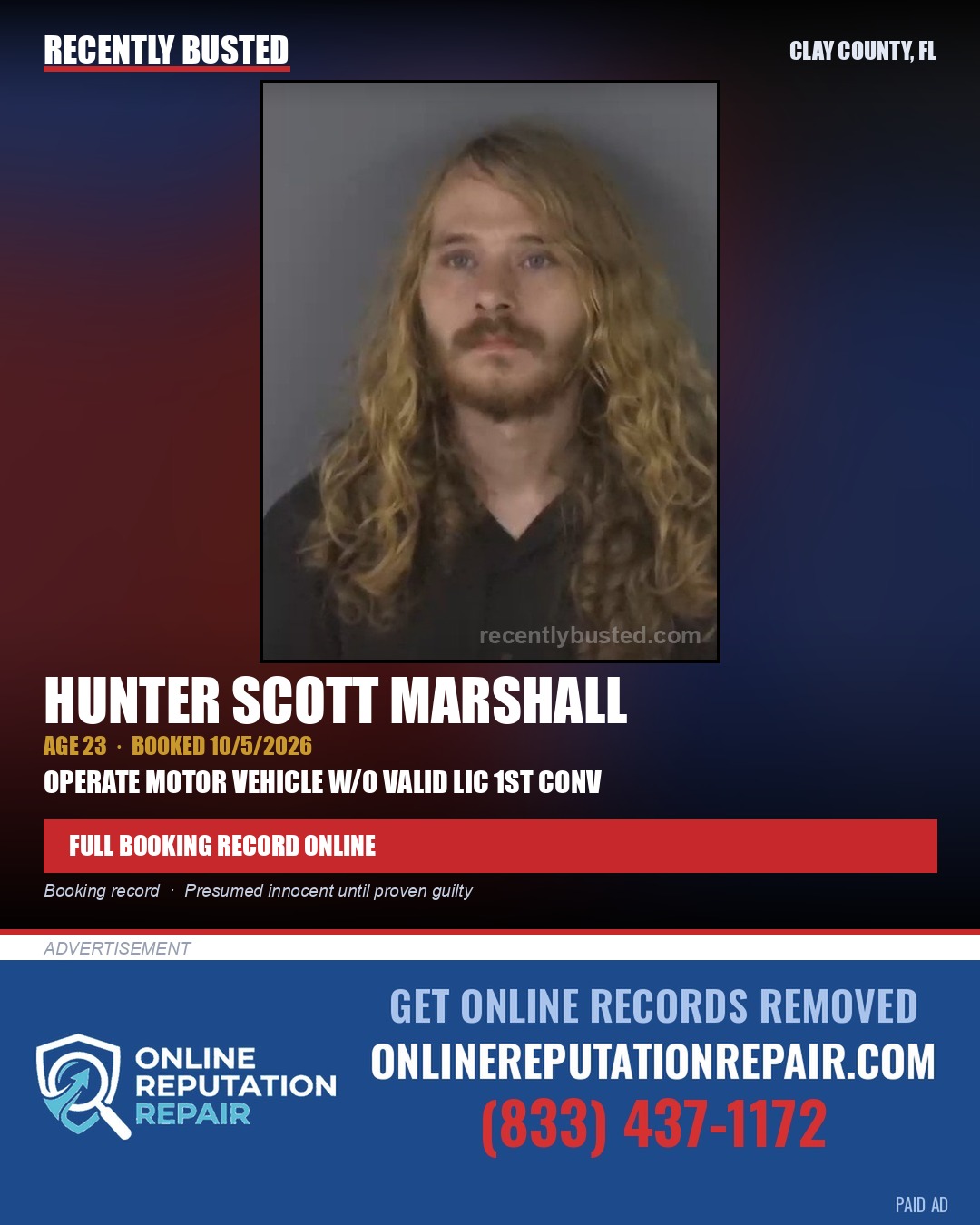 HUNTER SCOTT MARSHALL — arrest record card, Clay County, Florida