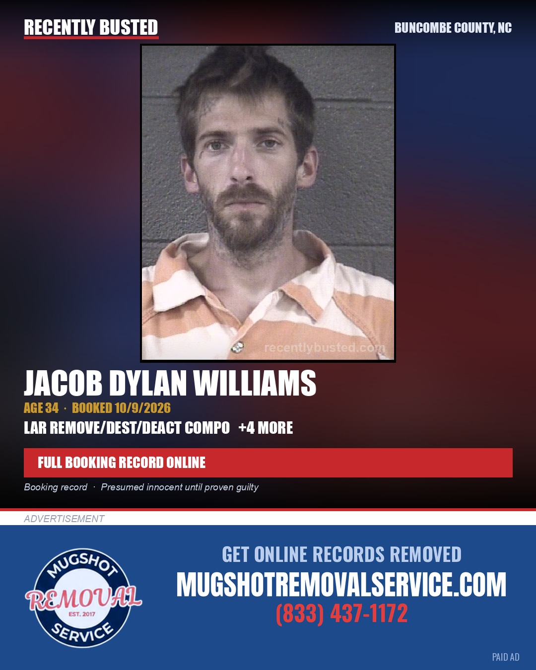 JACOB DYLAN WILLIAMS — arrest record card, Buncombe County, North Carolina