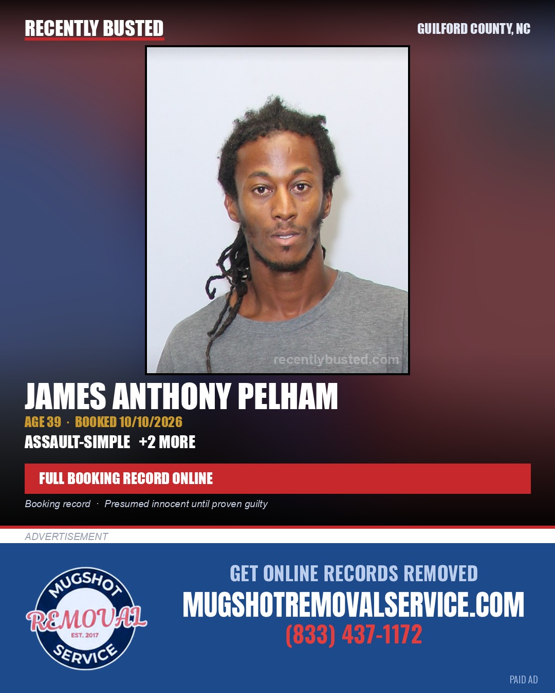JAMES ANTHONY PELHAM — arrest record card, Guilford County, North Carolina