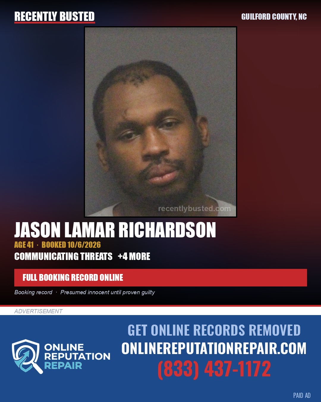 JASON LAMAR RICHARDSON — arrest record card, Guilford County, North Carolina