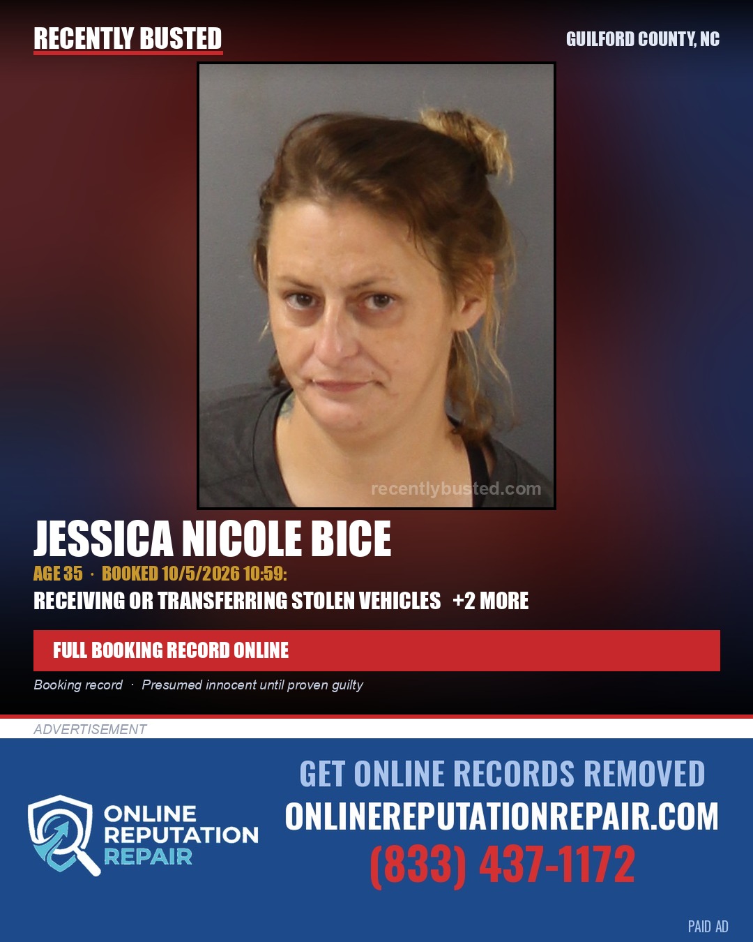 JESSICA NICOLE BICE — arrest record card, Guilford County, North Carolina