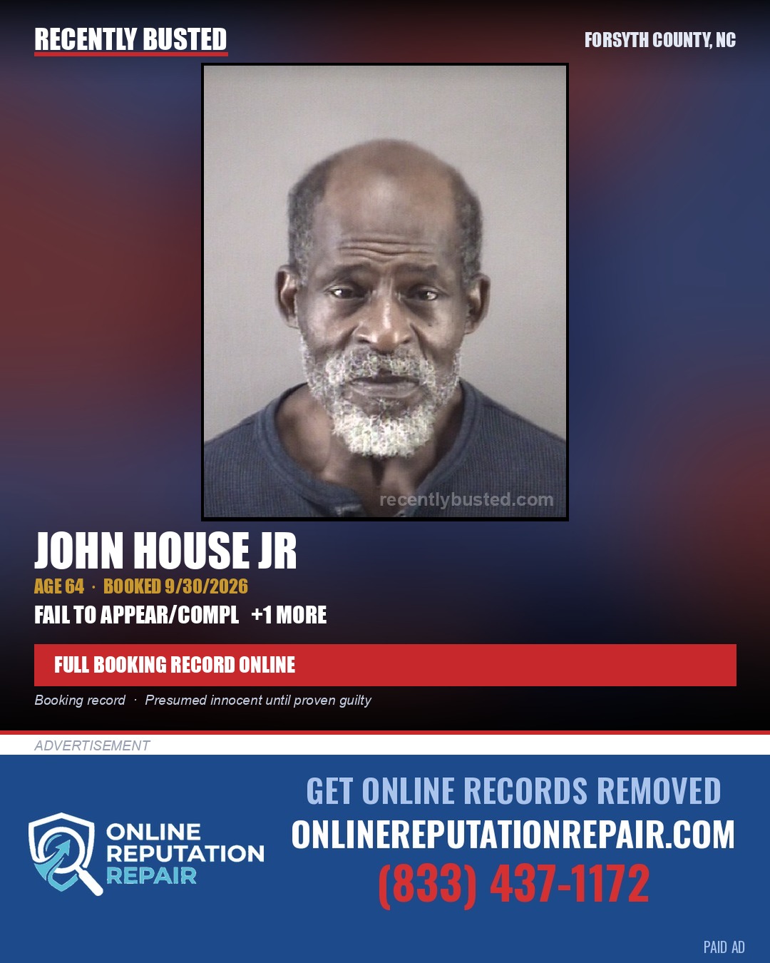 JOHN HOUSE JR — arrest record card, Forsyth County, North Carolina