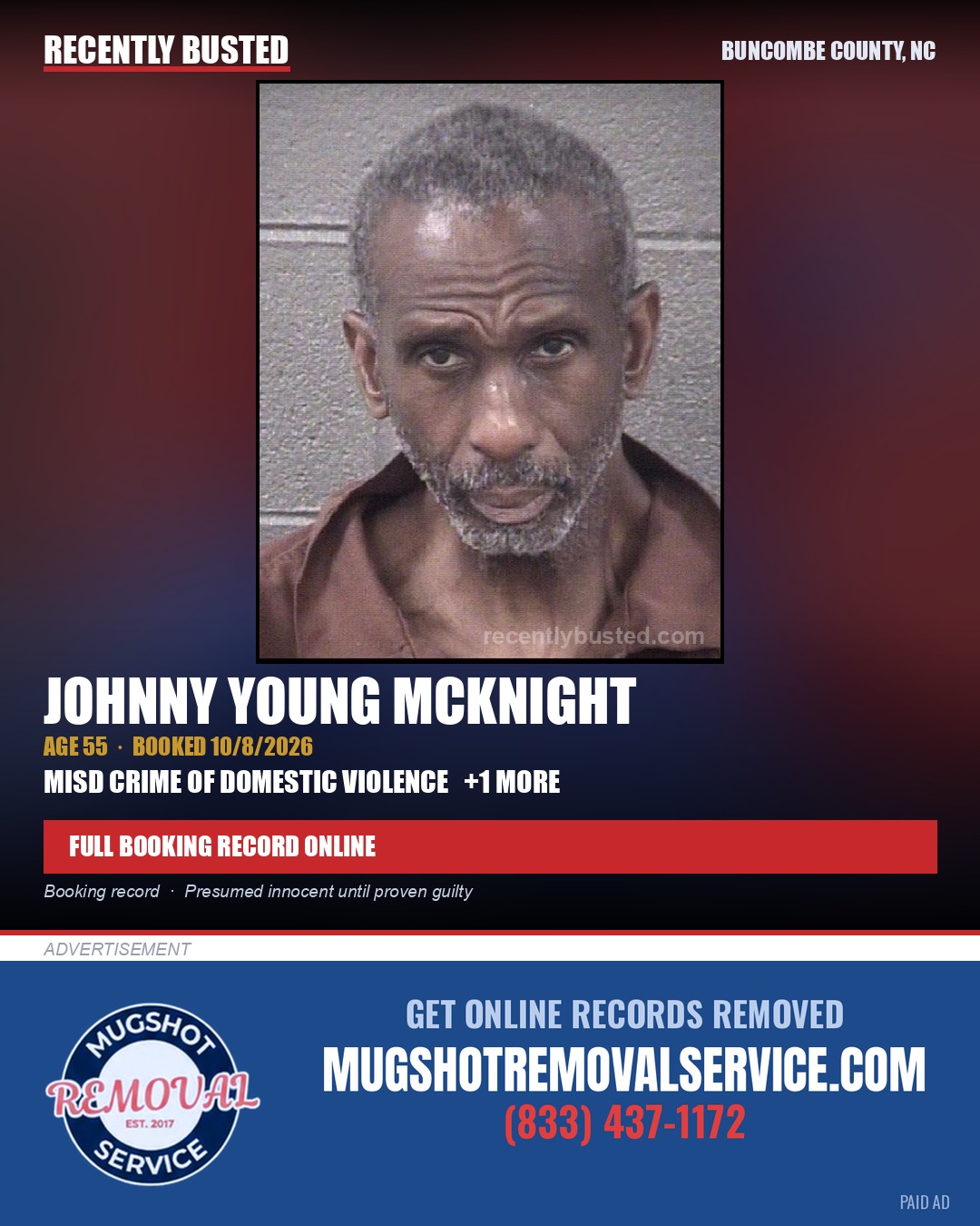 JOHNNY YOUNG MCKNIGHT — arrest record card, Buncombe County, North Carolina