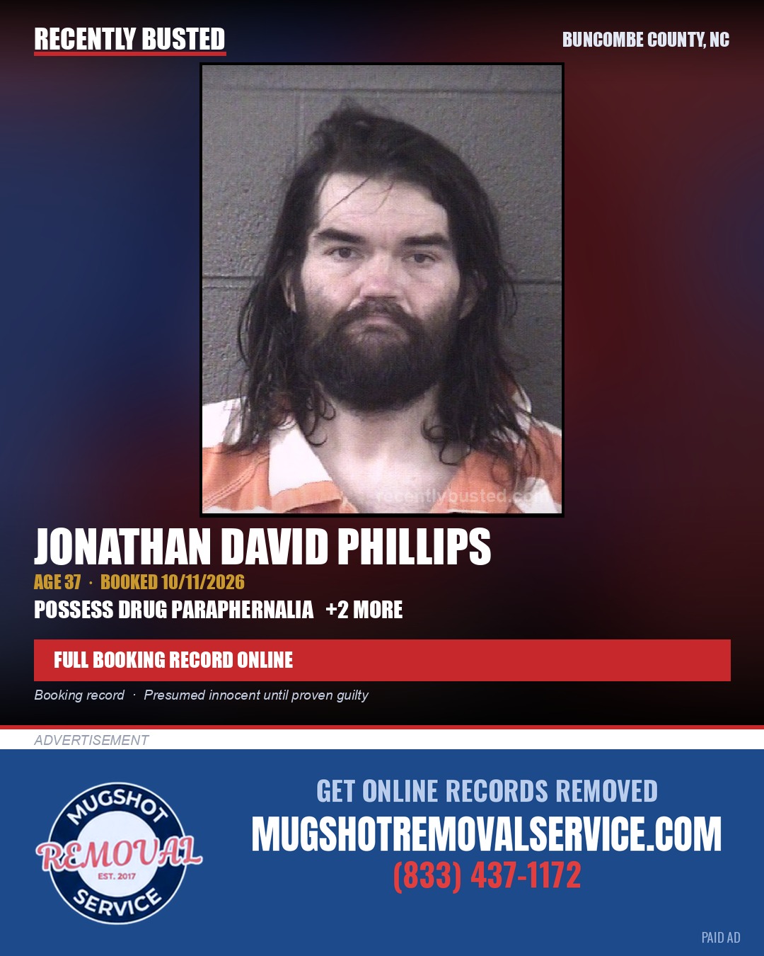 JONATHAN DAVID PHILLIPS — arrest record card, Buncombe County, North Carolina