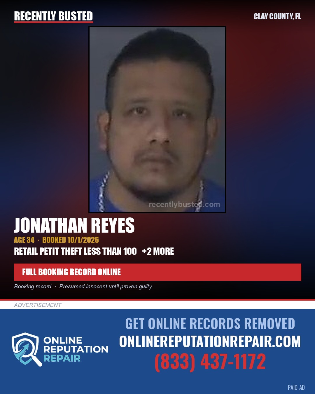 JONATHAN REYES — arrest record card, Clay County, Florida