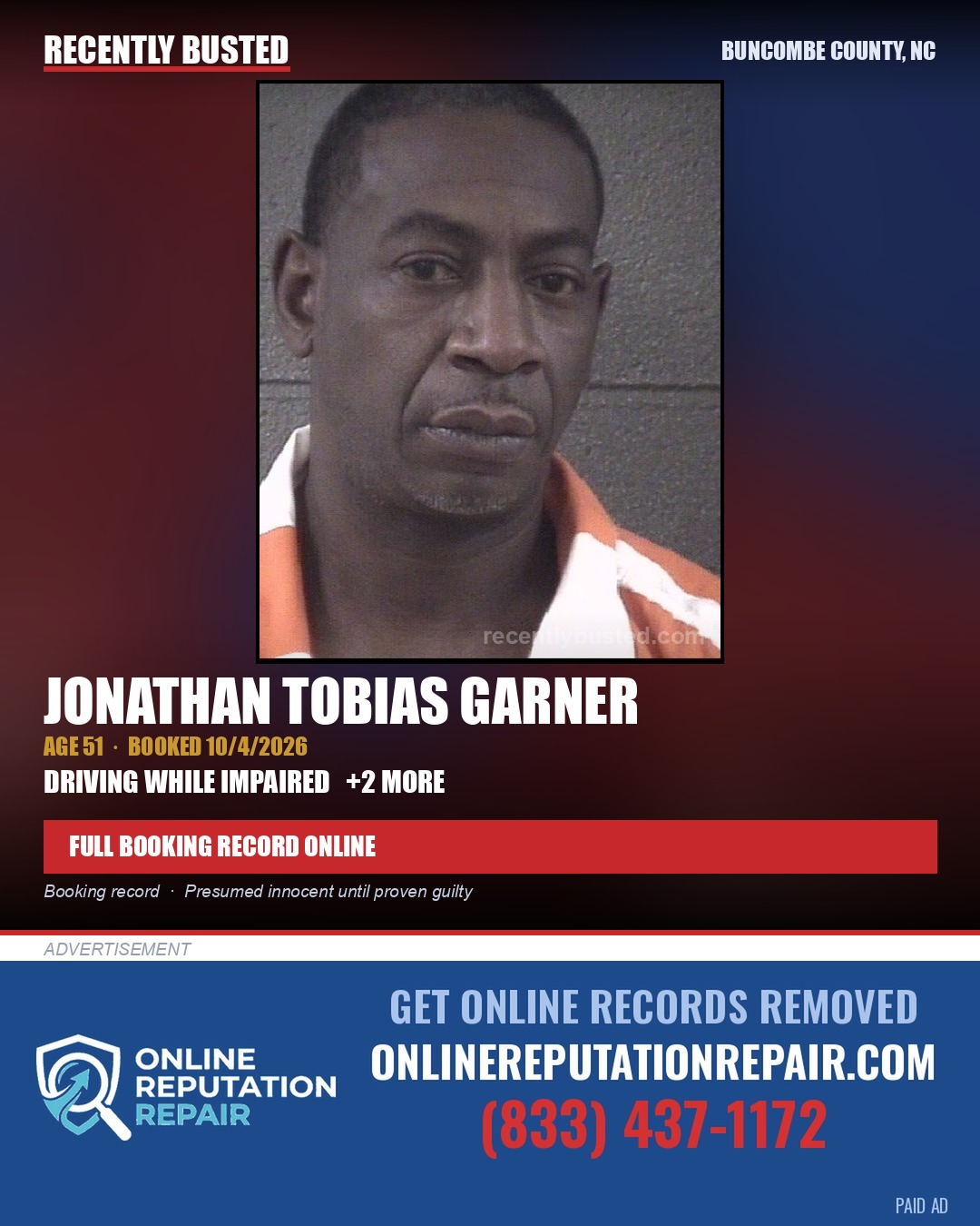 JONATHAN TOBIAS GARNER — arrest record card, Buncombe County, North Carolina