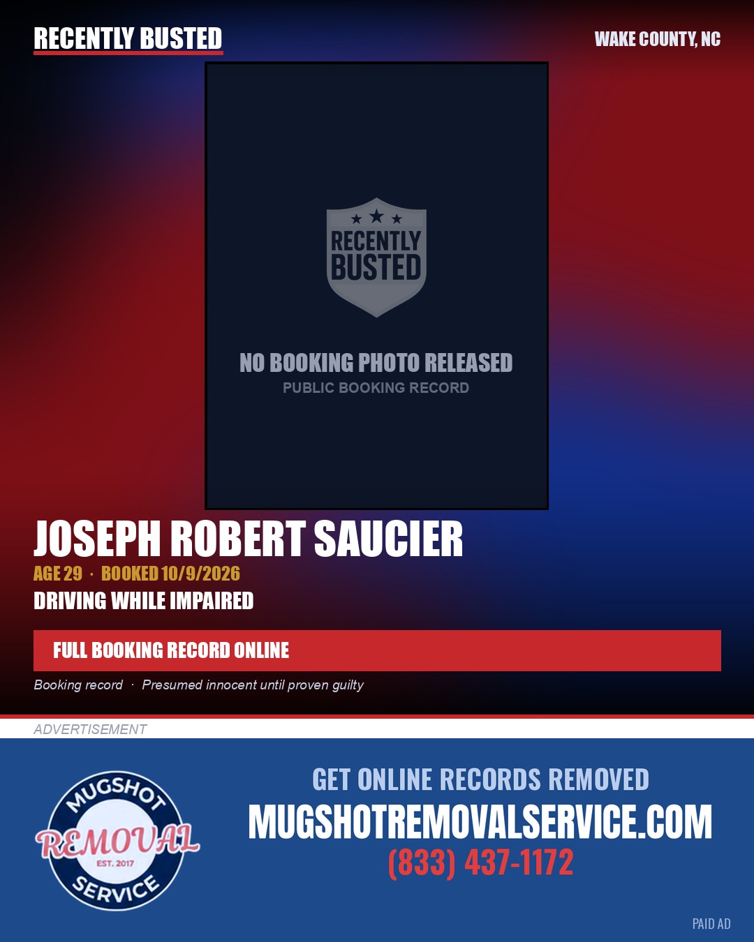 JOSEPH ROBERT SAUCIER — arrest record card, Wake County, North Carolina