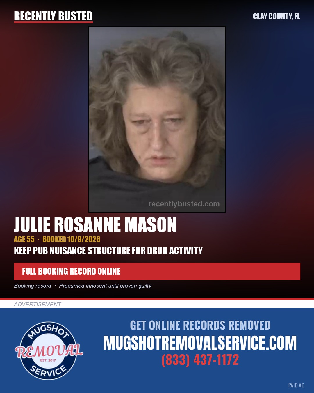 JULIE ROSANNE MASON — arrest record card, Clay County, Florida