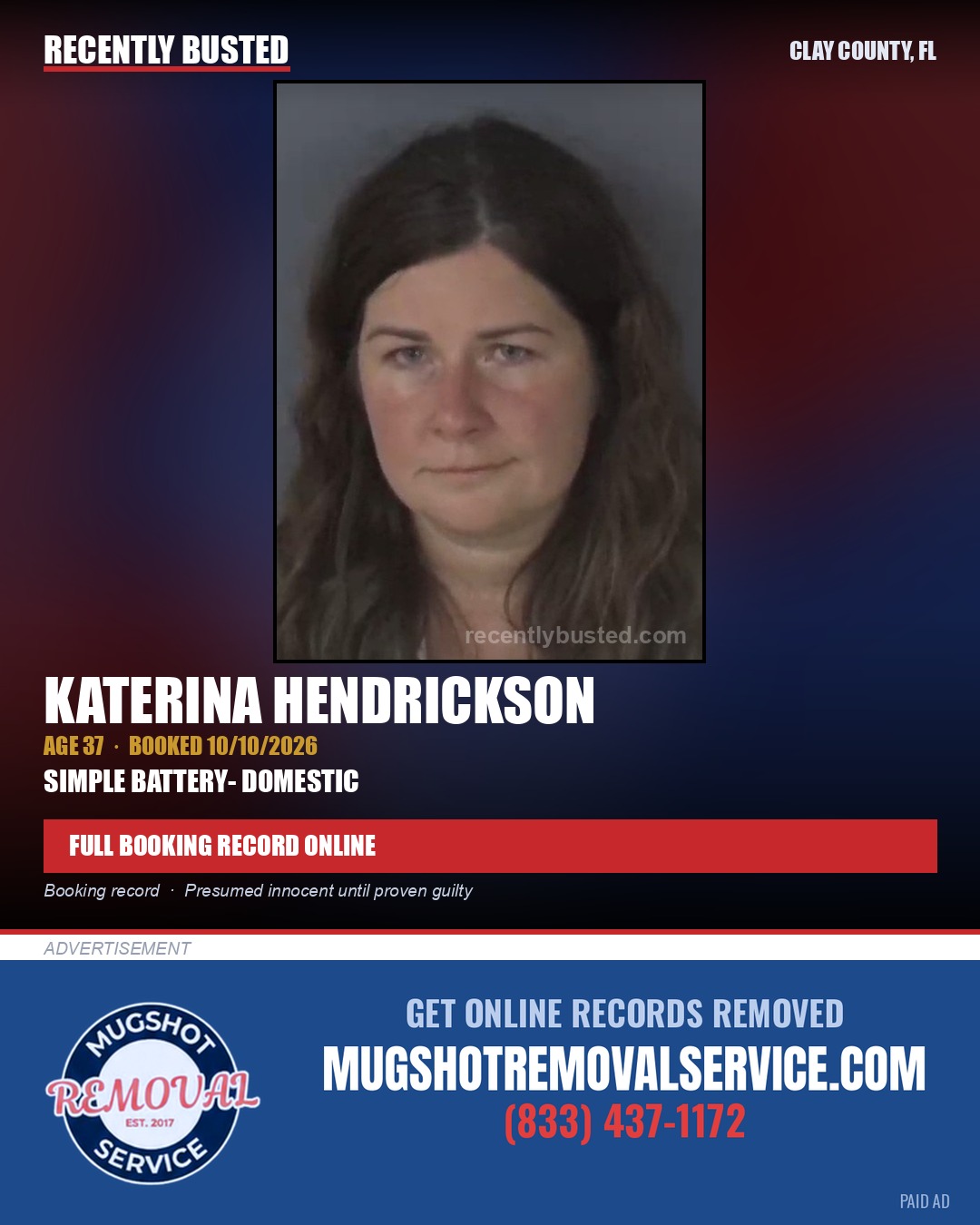 KATERINA HENDRICKSON — arrest record card, Clay County, Florida