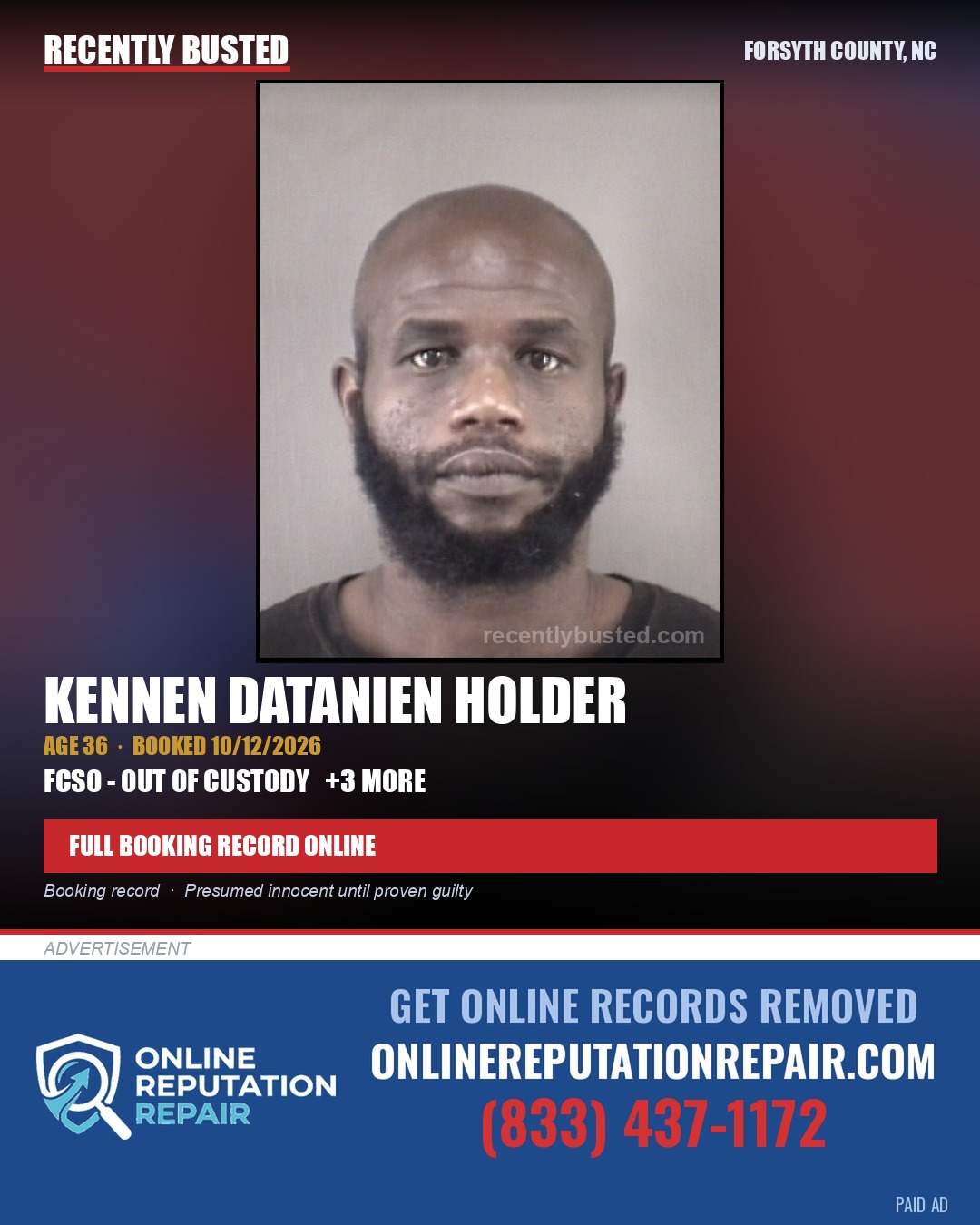 KENNEN DATANIEN HOLDER — arrest record card, Forsyth County, North Carolina