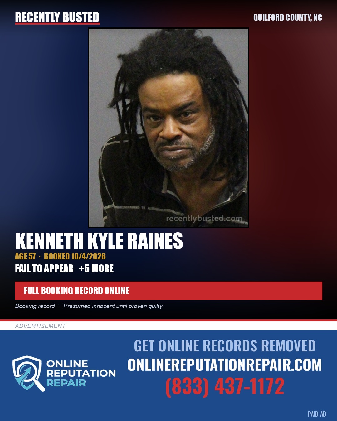 KENNETH KYLE RAINES — arrest record card, Guilford County, North Carolina