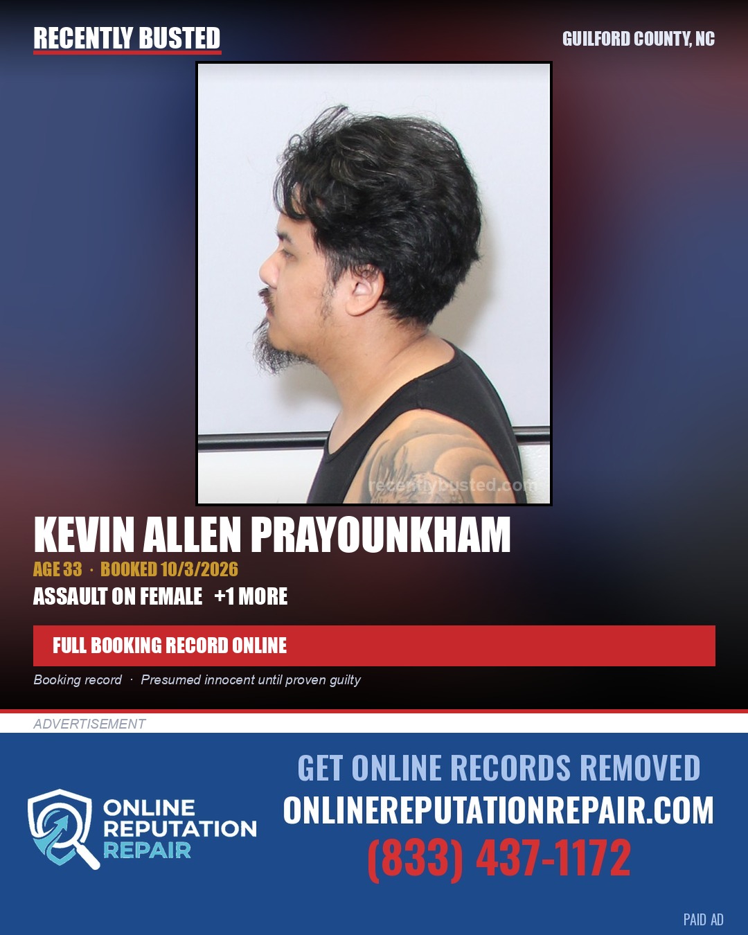 KEVIN ALLEN PRAYOUNKHAM — arrest record card, Guilford County, North Carolina