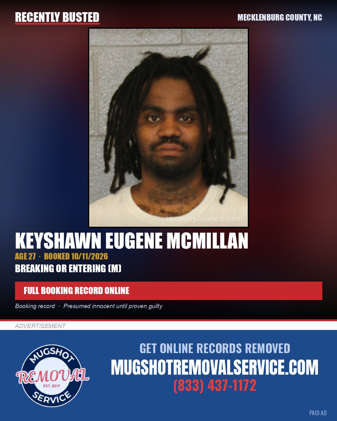 KEYSHAWN EUGENE MCMILLAN — arrest record card, Mecklenburg County, North Carolina