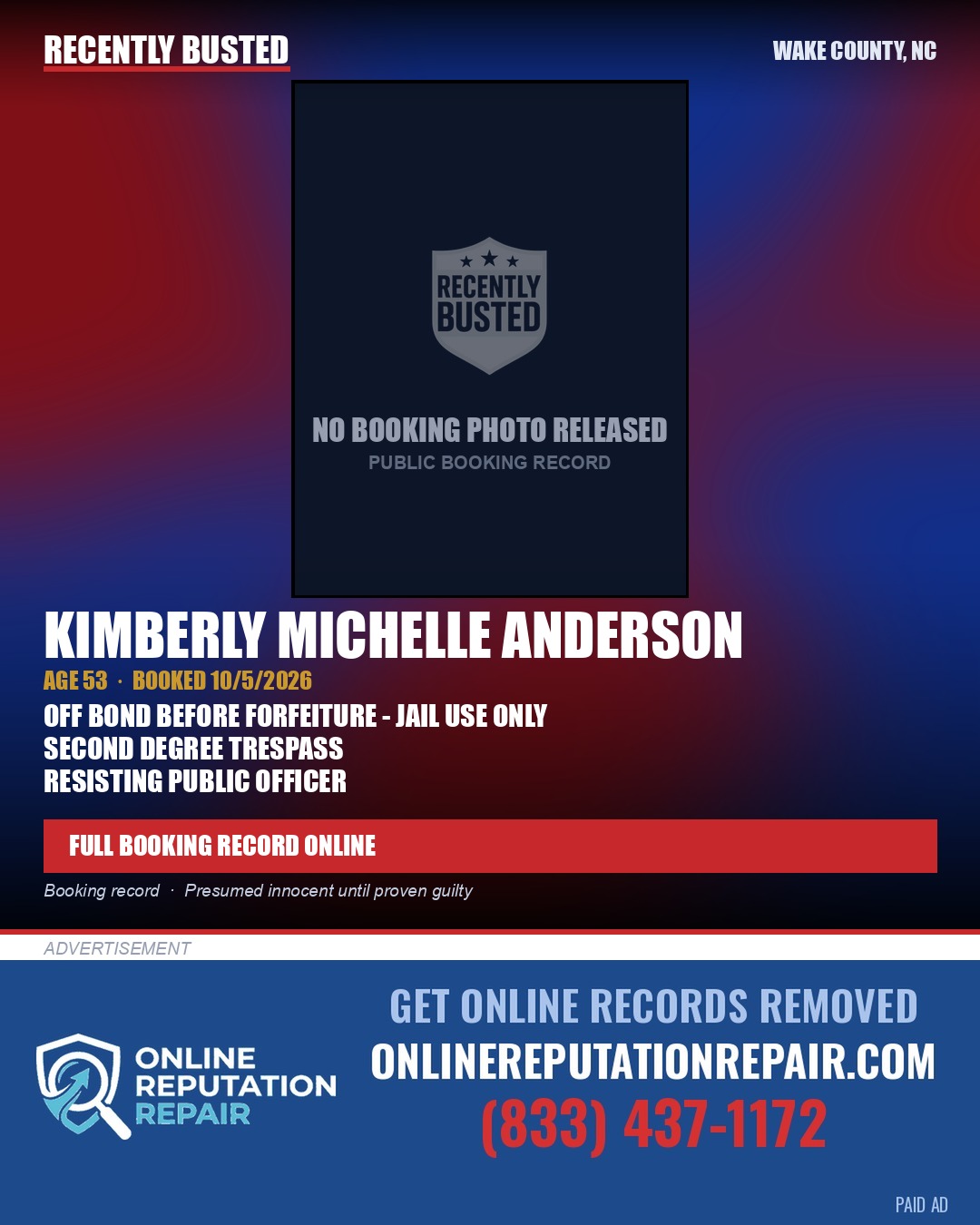 KIMBERLY MICHELLE ANDERSON — arrest record card, Wake County, North Carolina