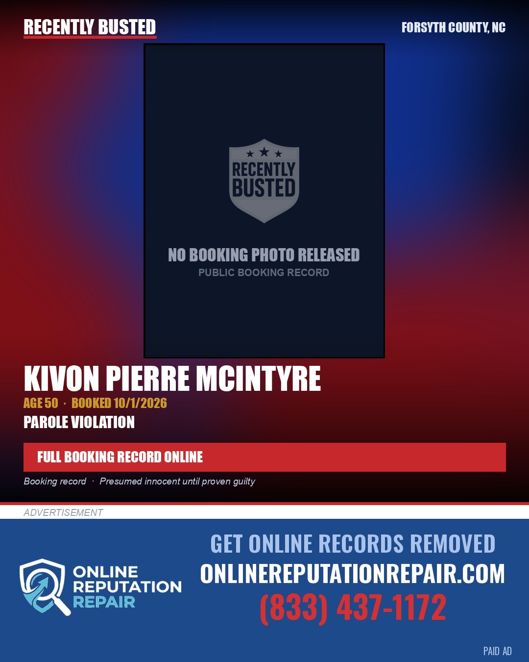 KIVON PIERRE MCINTYRE — arrest record card, Forsyth County, North Carolina
