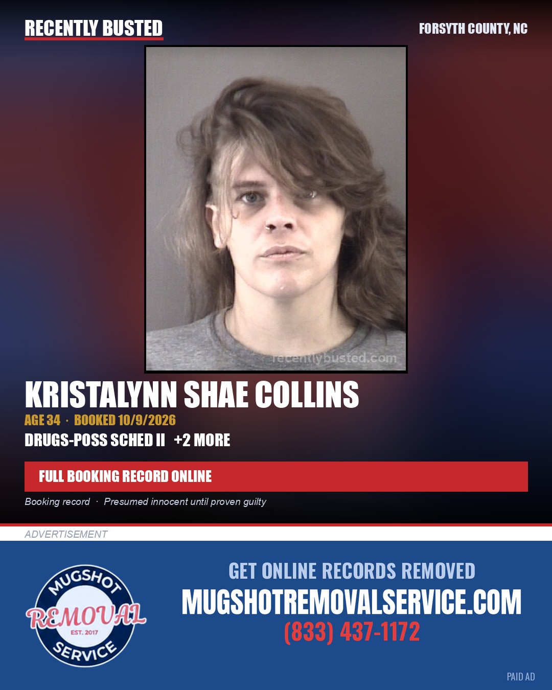 KRISTALYNN SHAE COLLINS — arrest record card, Forsyth County, North Carolina