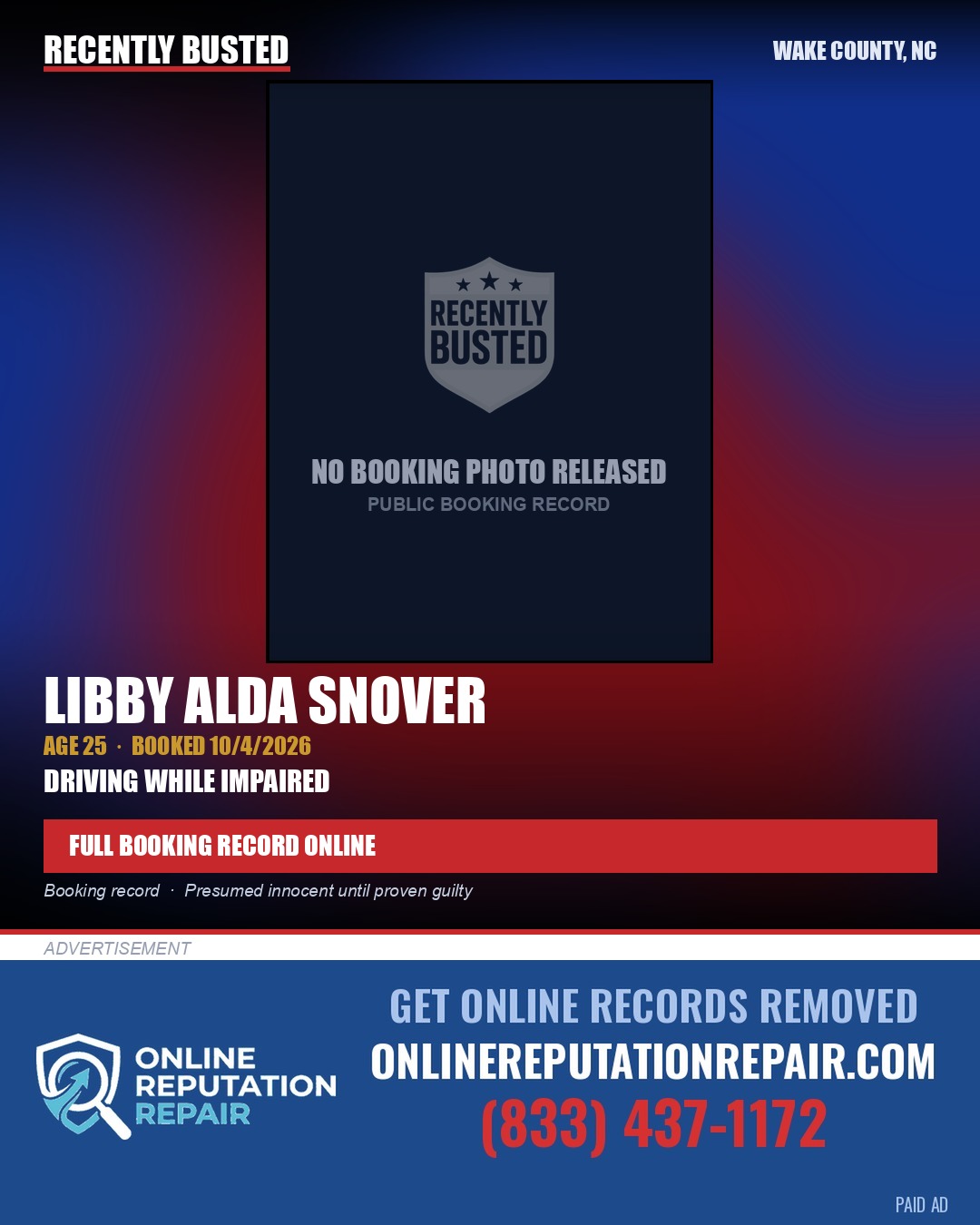 LIBBY ALDA SNOVER — arrest record card, Wake County, North Carolina