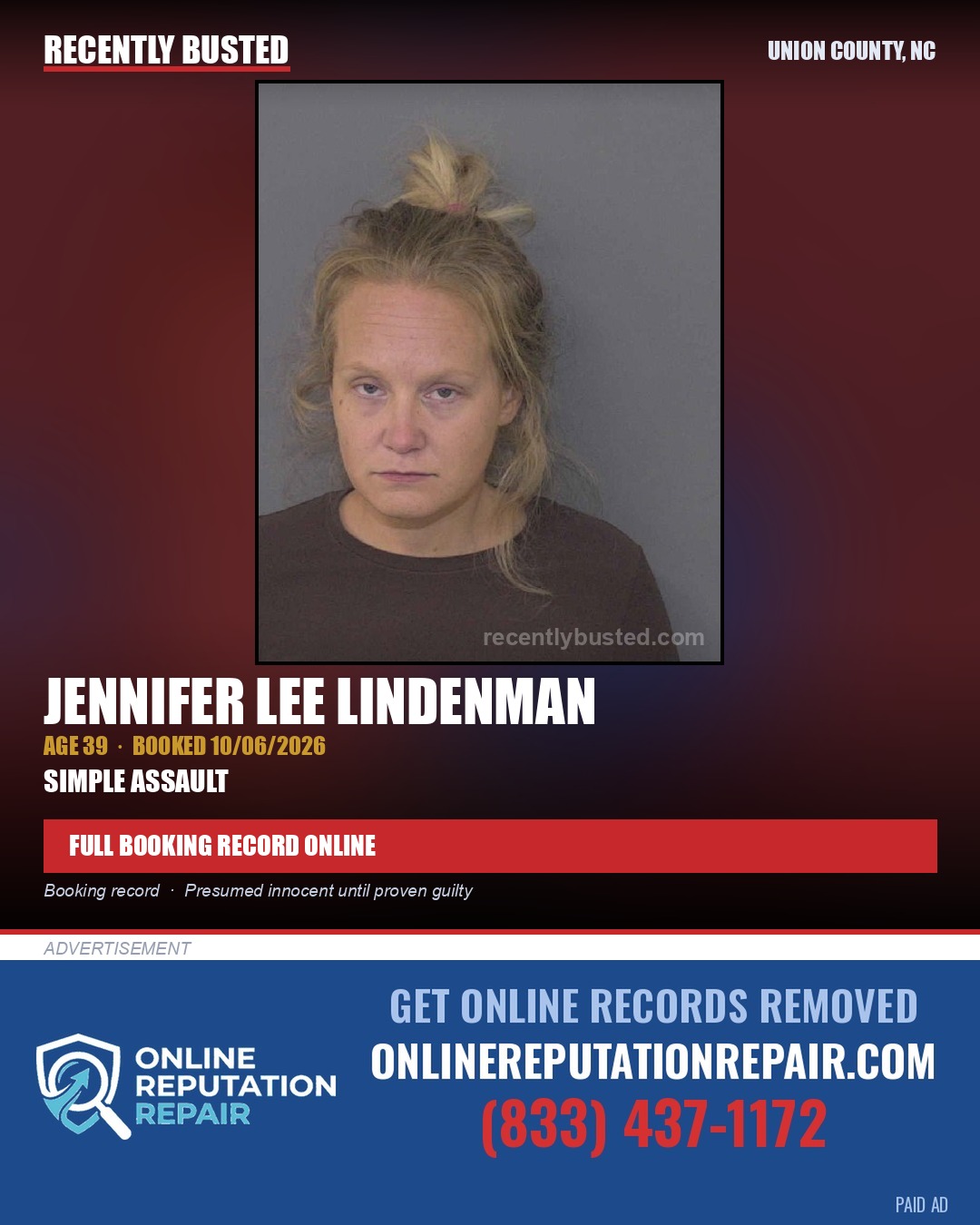 LINDENMAN, JENNIFER LEE — arrest record card, Union County, North Carolina