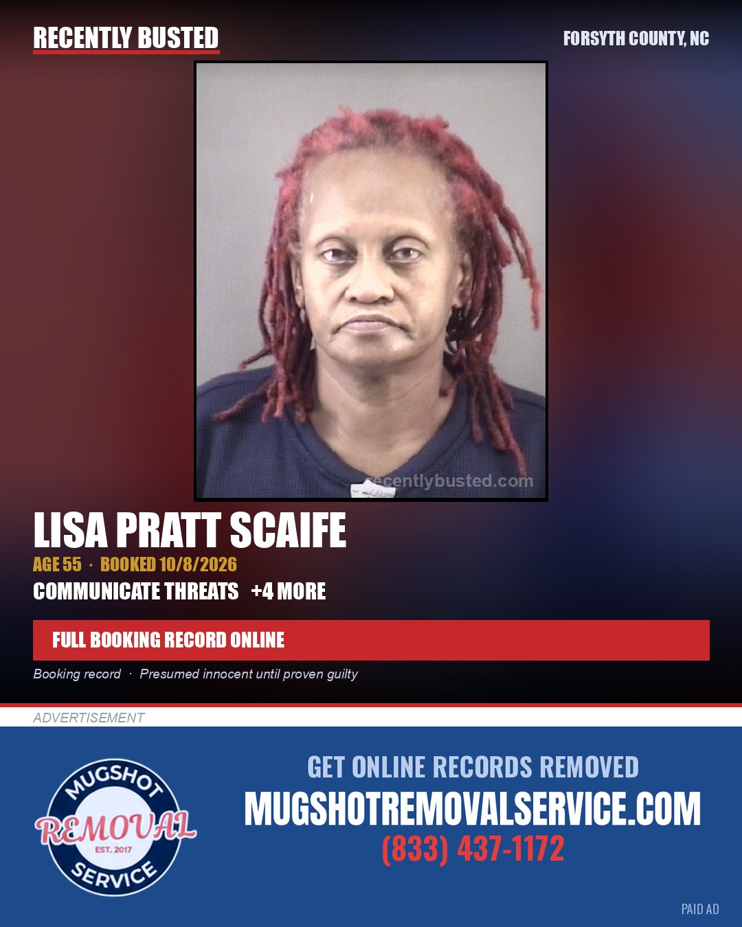 LISA PRATT SCAIFE — arrest record card, Forsyth County, North Carolina