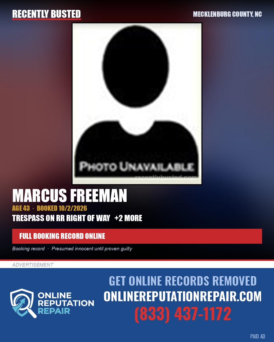 MARCUS FREEMAN — arrest record card, Mecklenburg County, North Carolina
