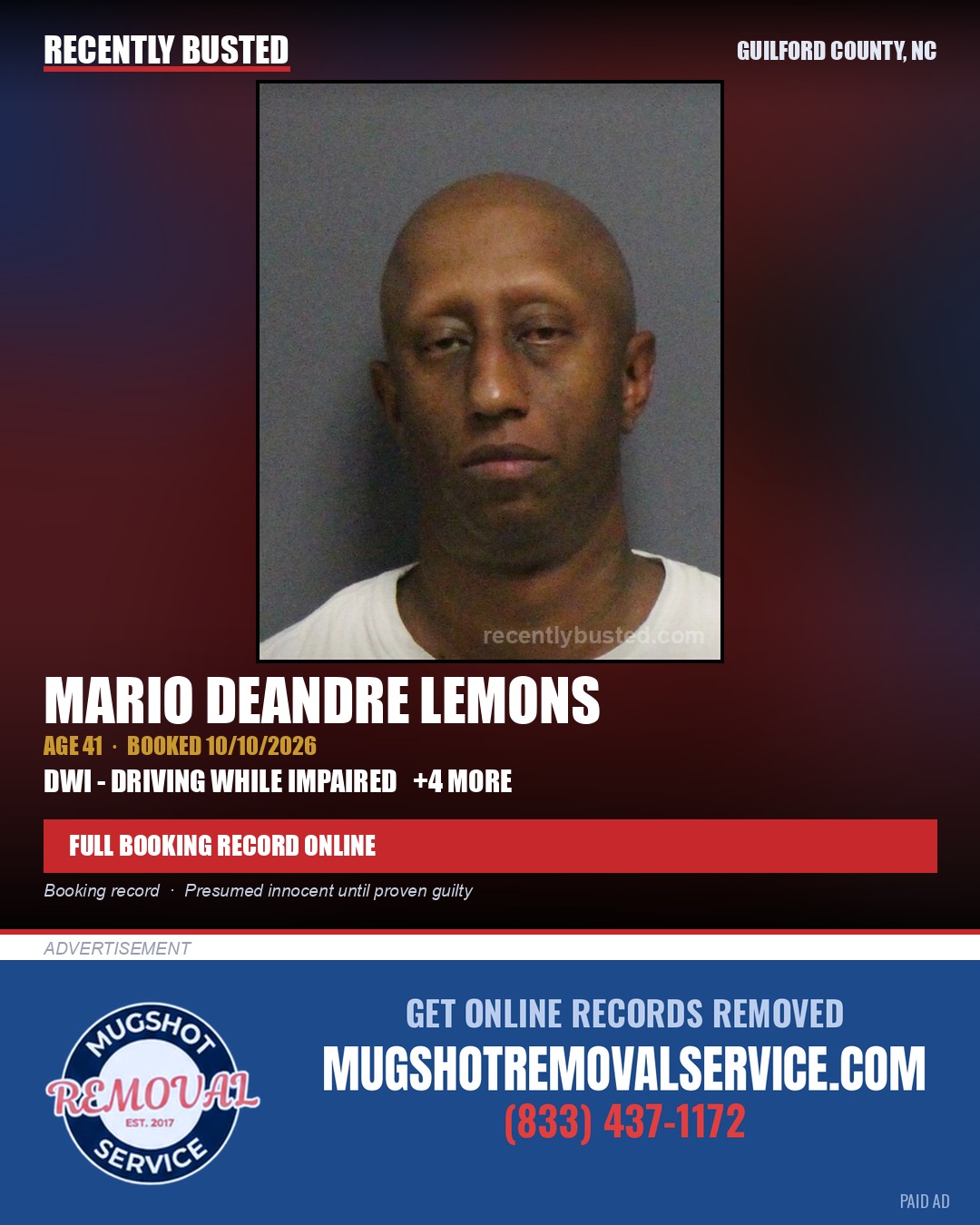 MARIO DEANDRE LEMONS — arrest record card, Guilford County, North Carolina
