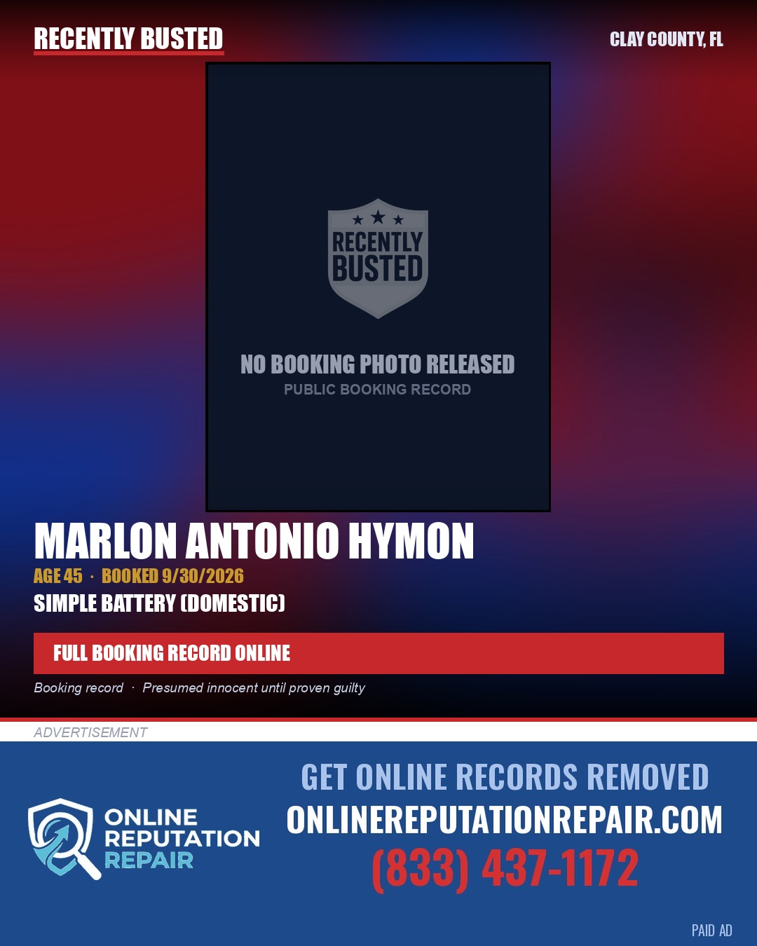 MARLON ANTONIO HYMON — arrest record card, Clay County, Florida