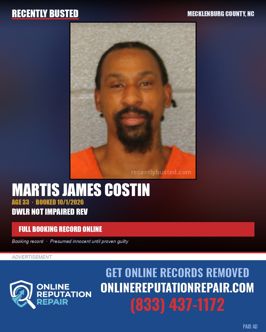 MARTIS JAMES COSTIN — arrest record card, Mecklenburg County, North Carolina