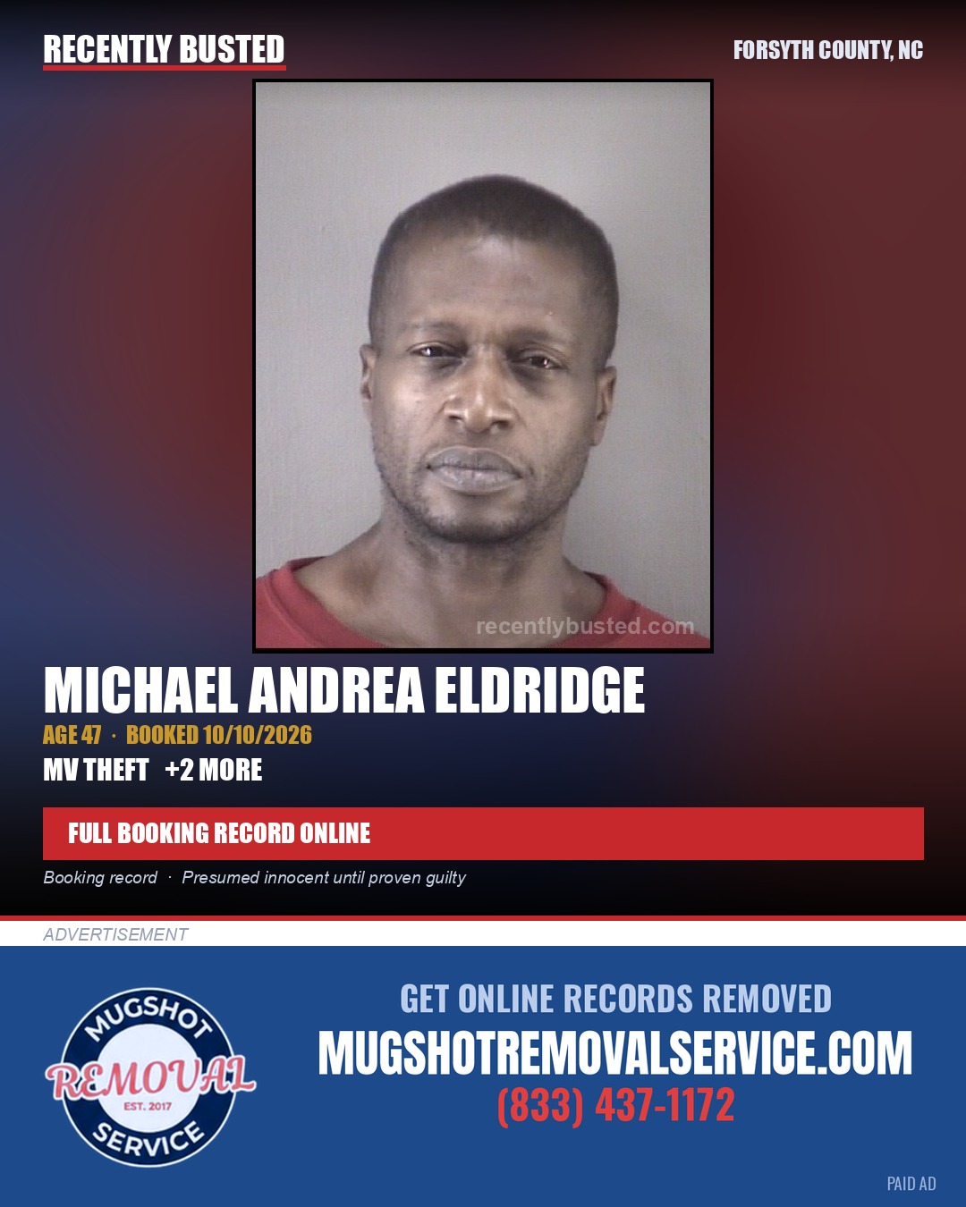 MICHAEL ANDREA ELDRIDGE — arrest record card, Forsyth County, North Carolina