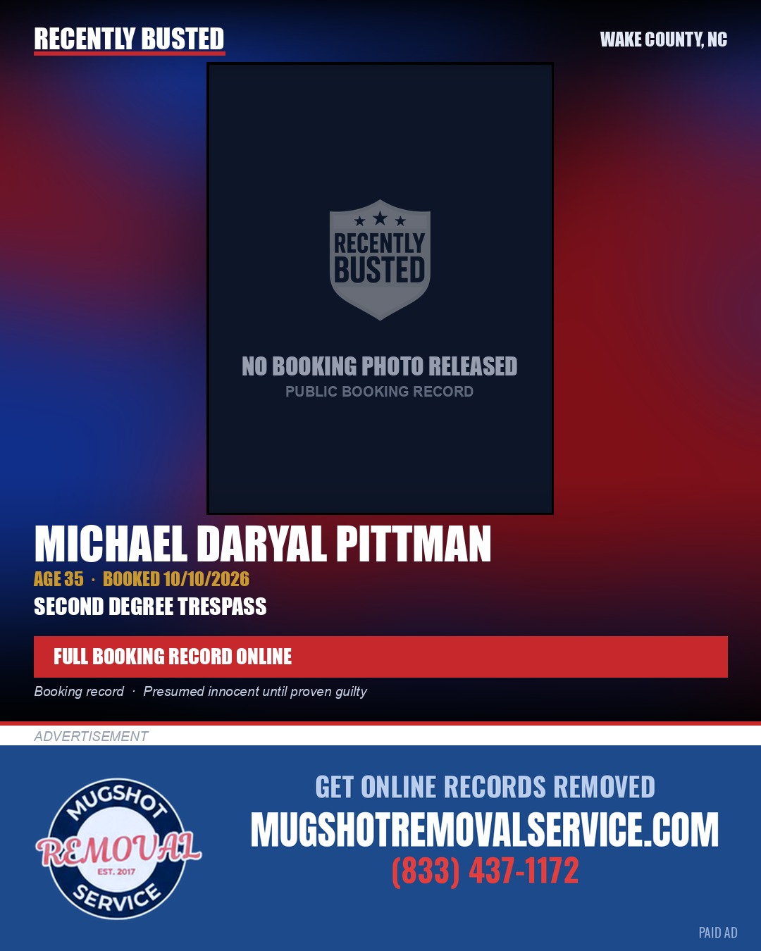 MICHAEL DARYAL PITTMAN — arrest record card, Wake County, North Carolina