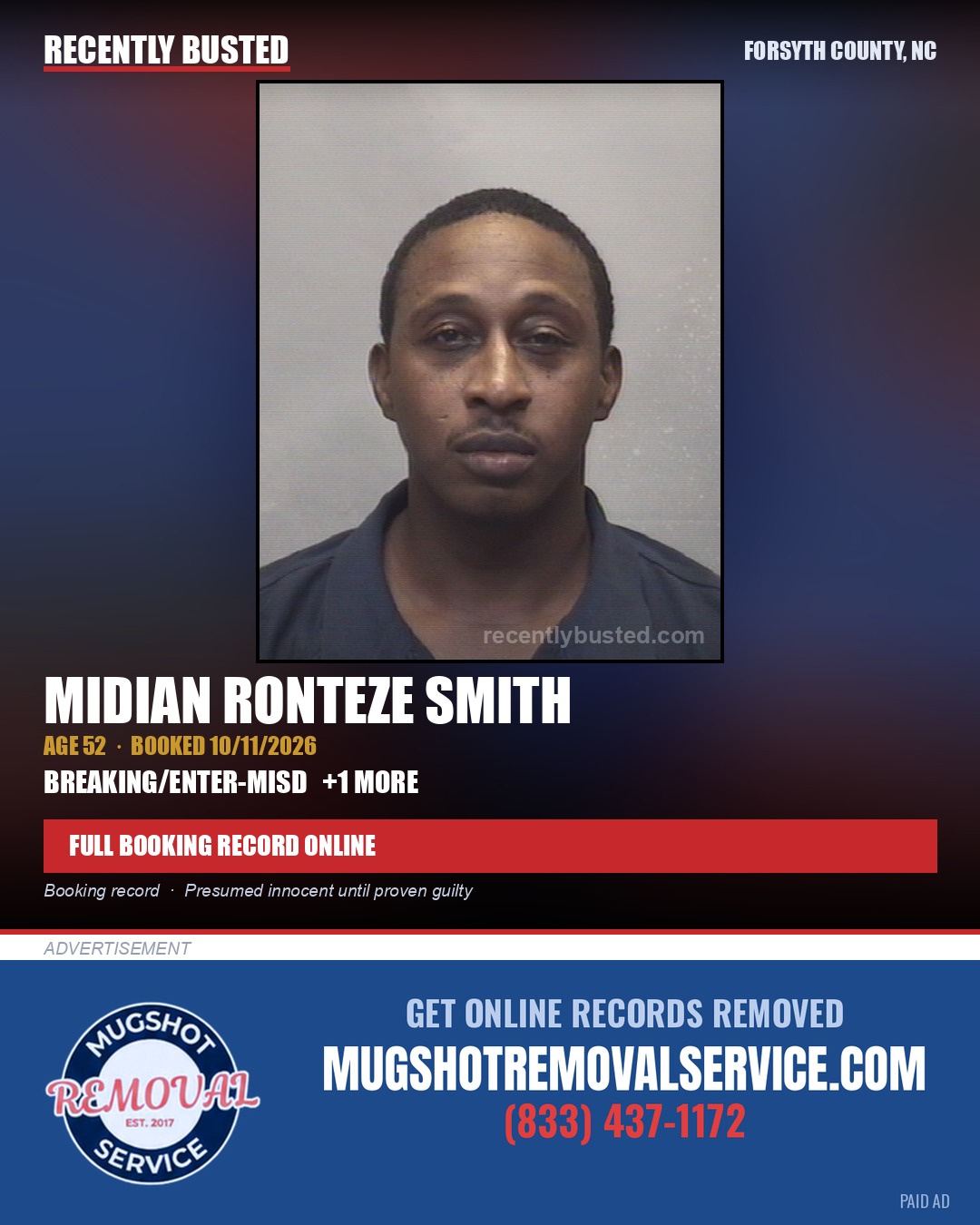 MIDIAN RONTEZE SMITH — arrest record card, Forsyth County, North Carolina