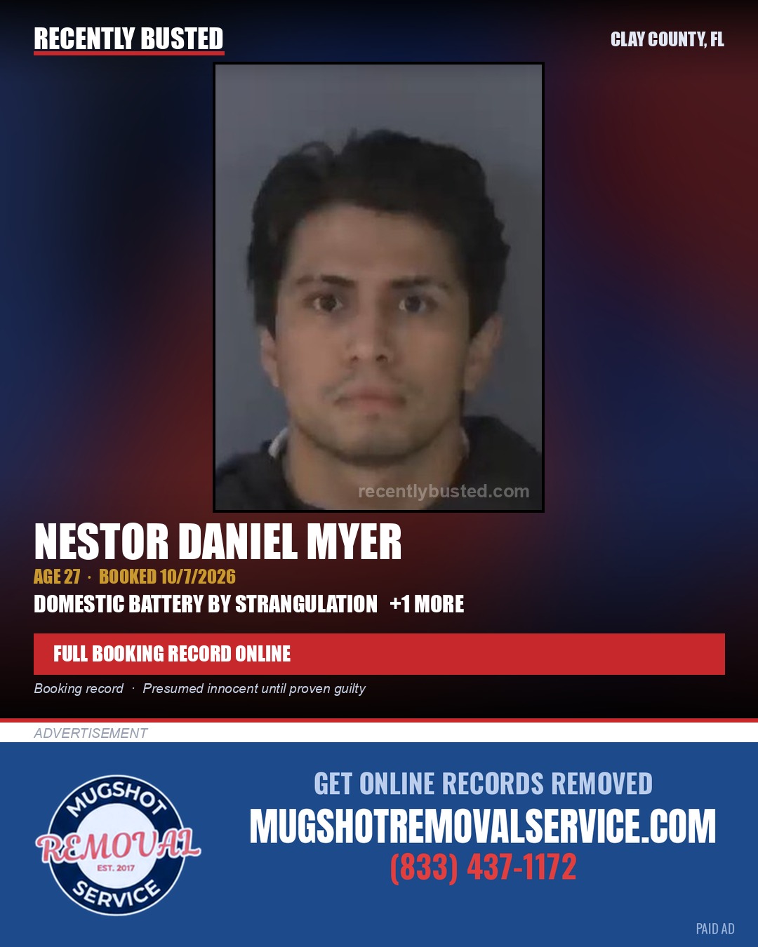 NESTOR DANIEL MYER — arrest record card, Clay County, Florida