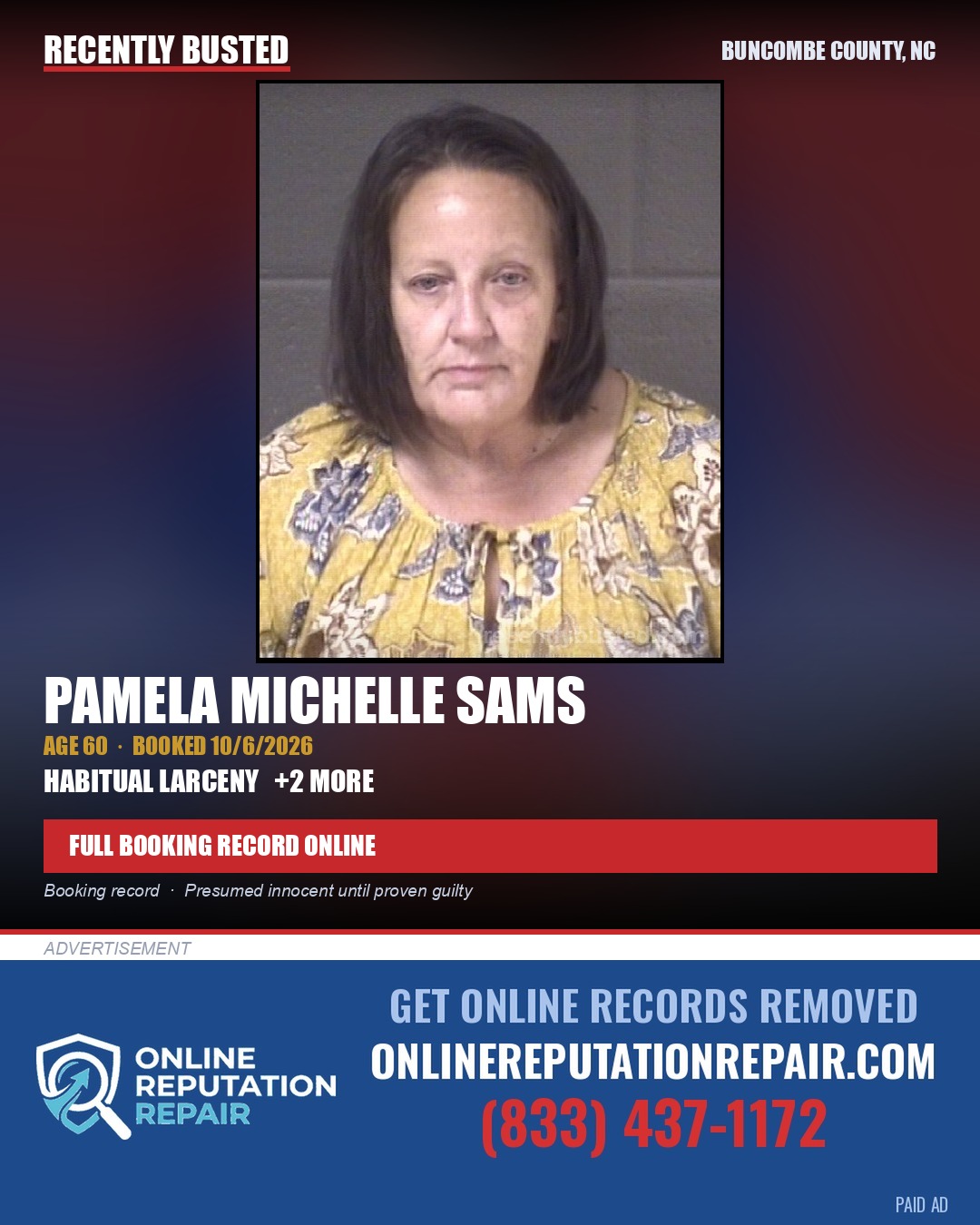 PAMELA MICHELLE SAMS — arrest record card, Buncombe County, North Carolina