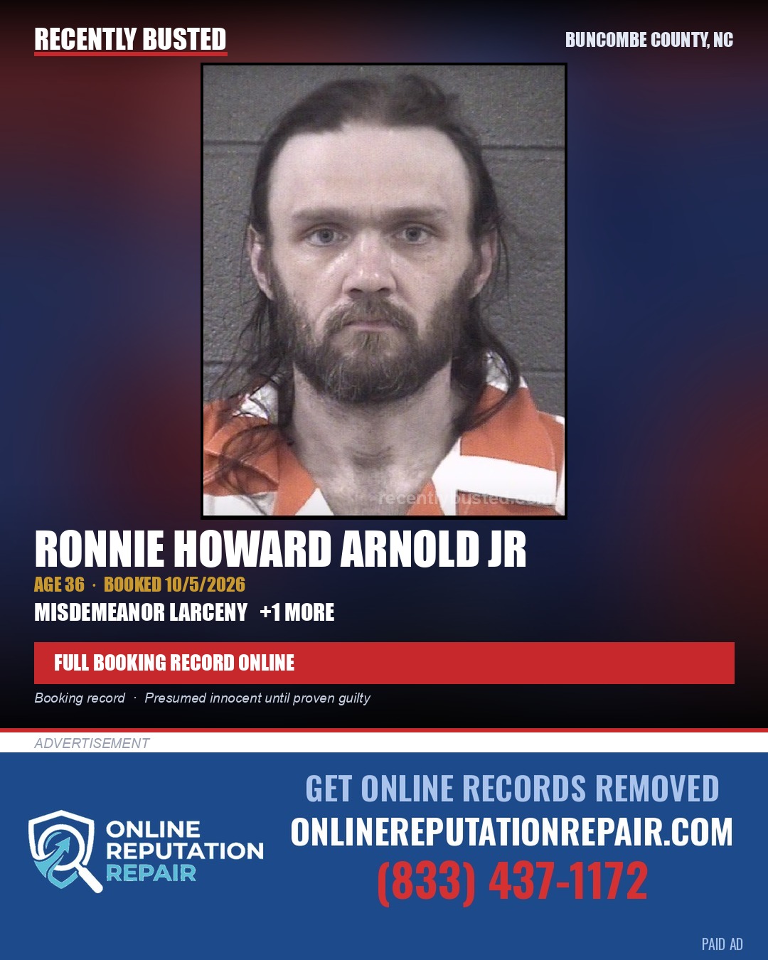 RONNIE HOWARD ARNOLD JR — arrest record card, Buncombe County, North Carolina