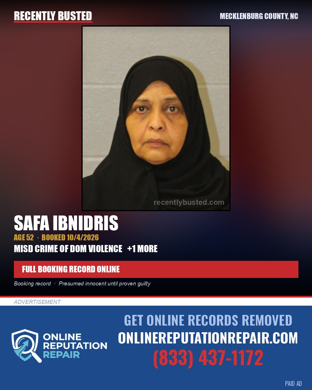 SAFA IBNIDRIS — arrest record card, Mecklenburg County, North Carolina