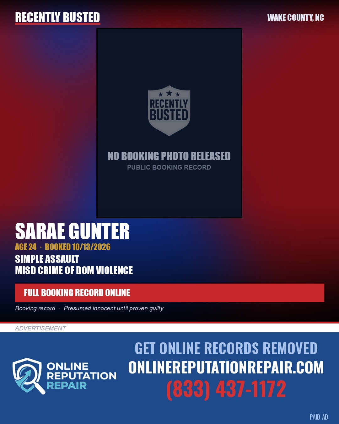 SARAE GUNTER — arrest record card, Wake County, North Carolina