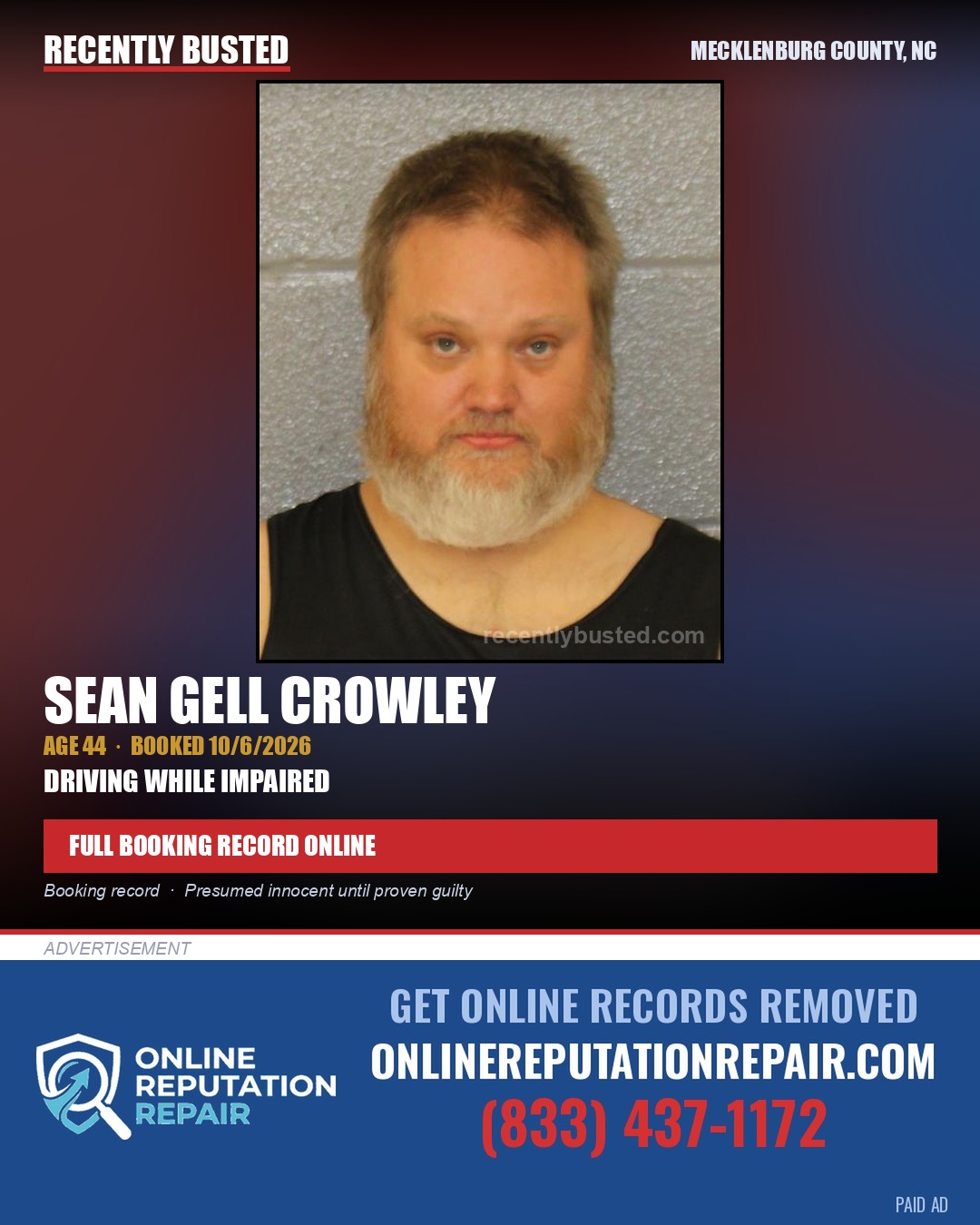 SEAN GELL CROWLEY — arrest record card, Mecklenburg County, North Carolina