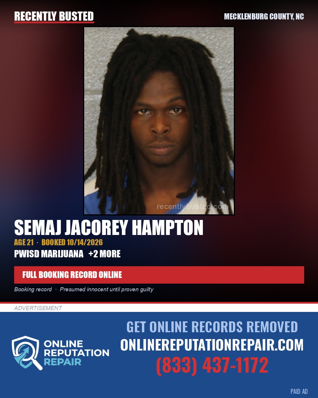 SEMAJ JACOREY HAMPTON — arrest record card, Mecklenburg County, North Carolina