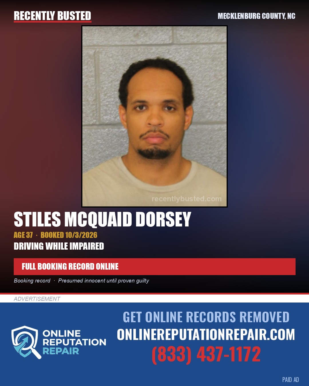 STILES MCQUAID DORSEY — arrest record card, Mecklenburg County, North Carolina