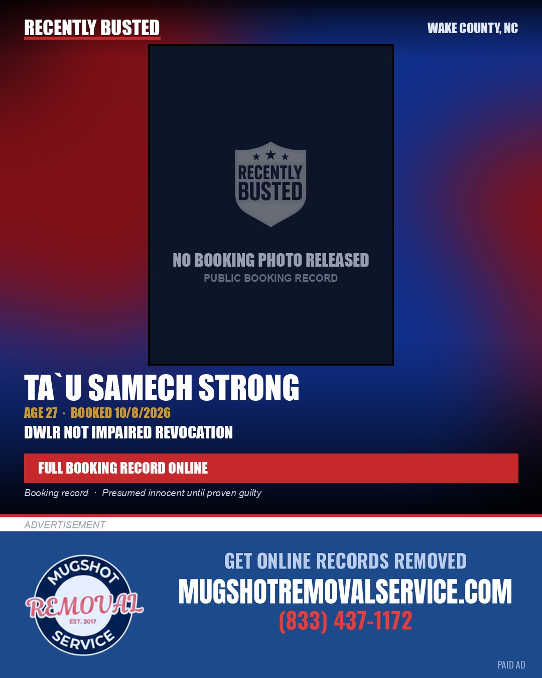 TA`U SAMECH STRONG — arrest record card, Wake County, North Carolina