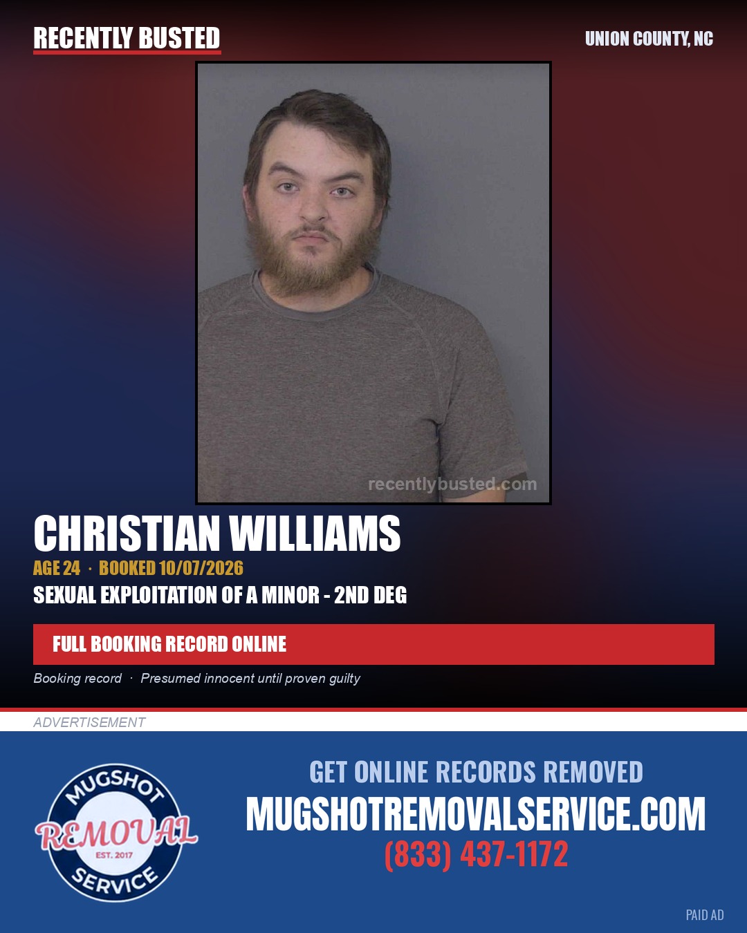 WILLIAMS, CHRISTIAN — arrest record card, Union County, North Carolina