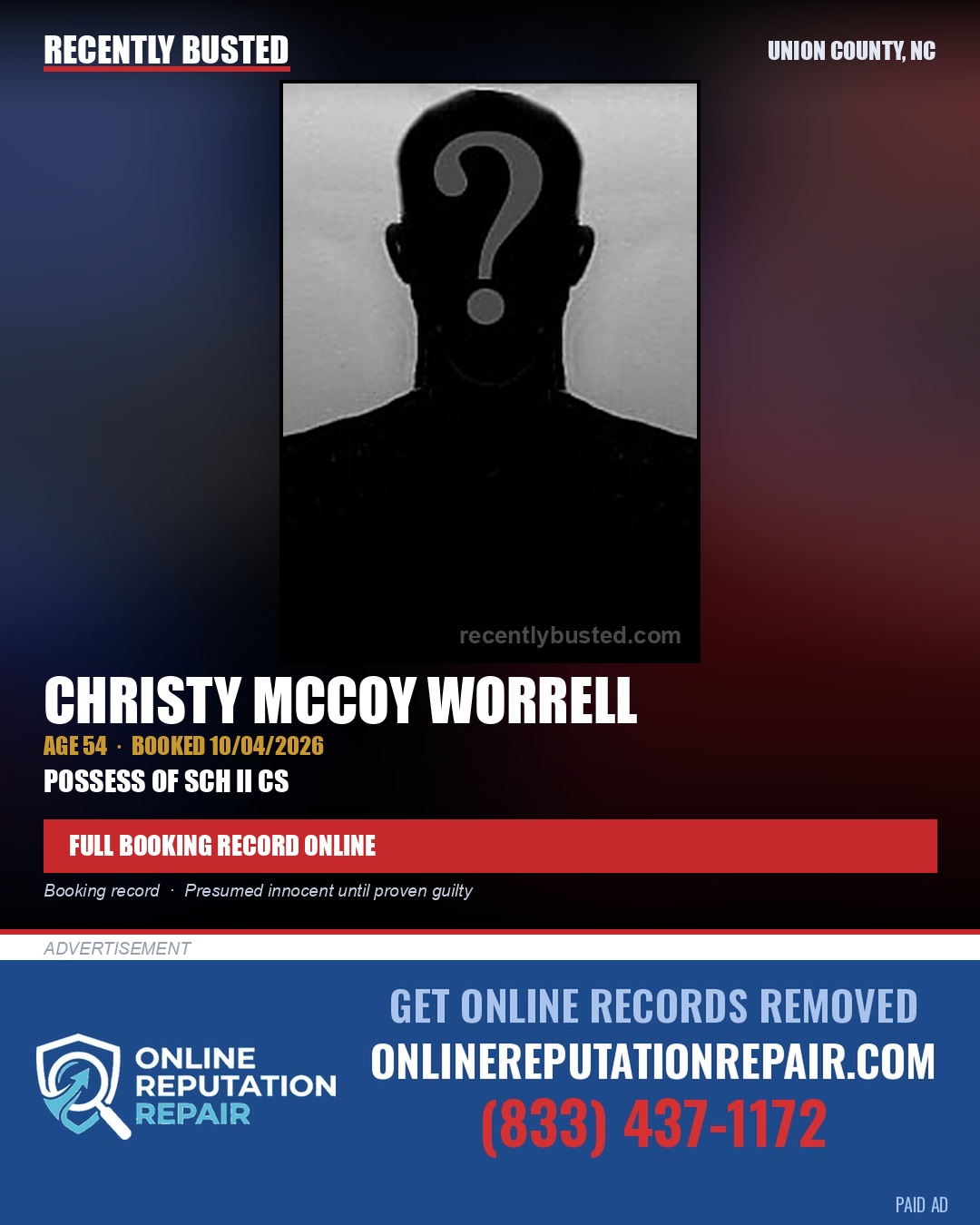WORRELL, CHRISTY MCCOY — arrest record card, Union County, North Carolina