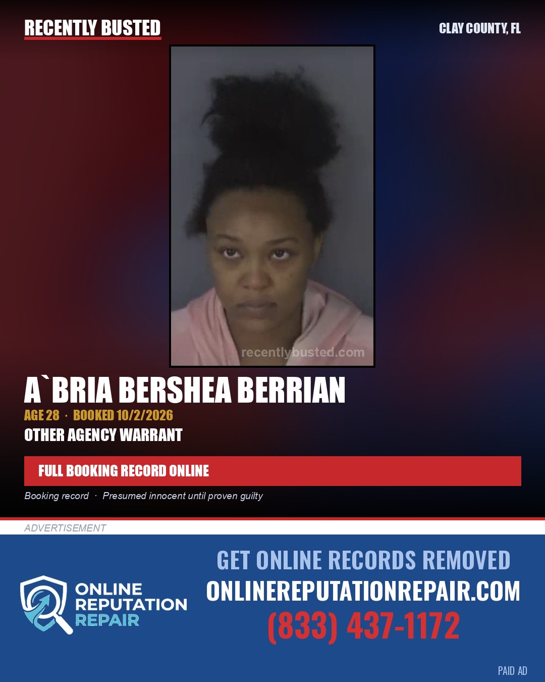 A`BRIA BERSHEA BERRIAN — arrest record card, Clay County, Florida