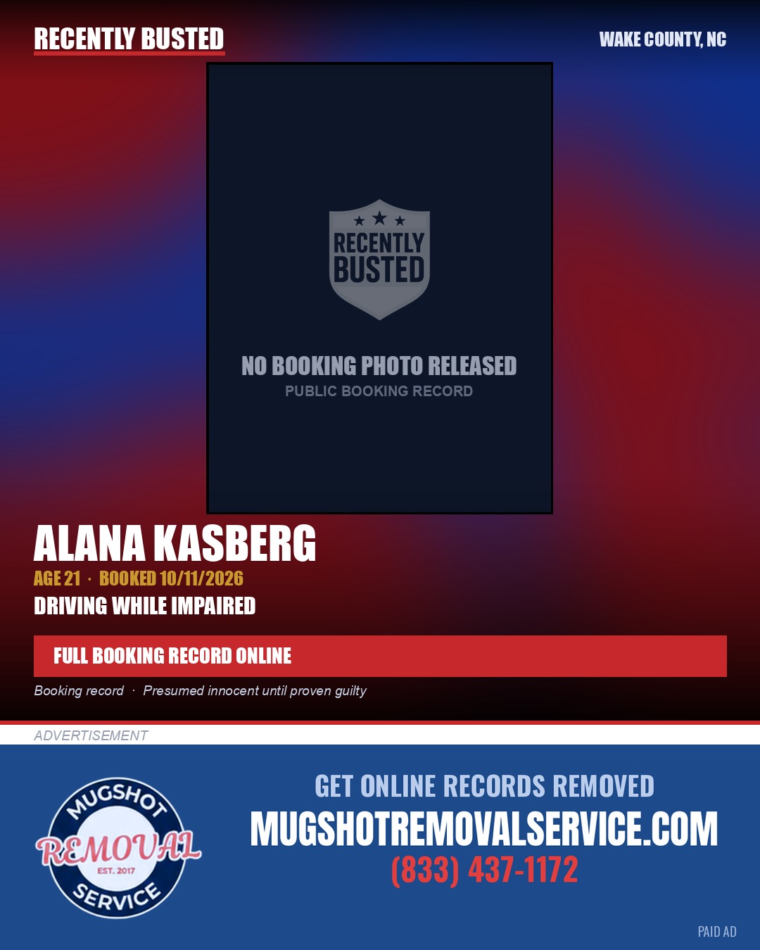 ALANA KASBERG — arrest record card, Wake County, North Carolina